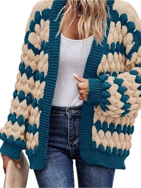 Teal and Beige Open-Front Chunky Knit Cardigan